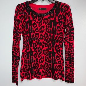 INC Leopard Print Red And Black Slim Fit Sweater